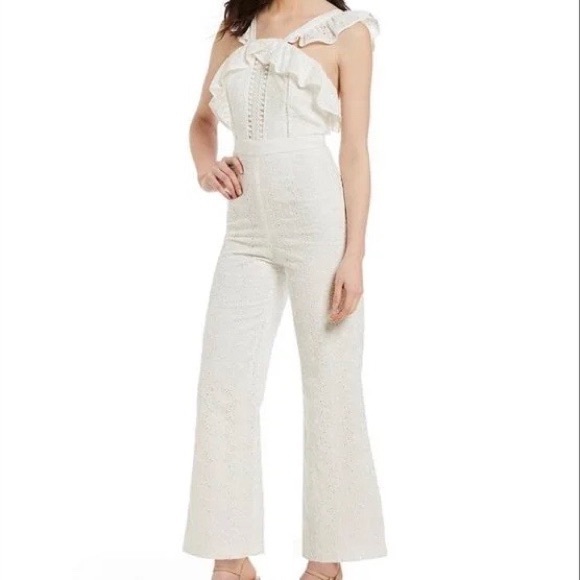 Gianni Bini Womens Fiona White Eyelet Halter Jumpsuit Flare Leg size XS - Picture 1 of 13